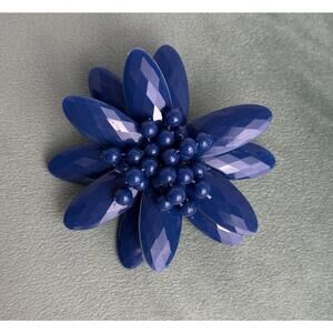 Vintage Faceted Acrylic Beaded Flower Brooch Blue 3.25" Retro 60s P007